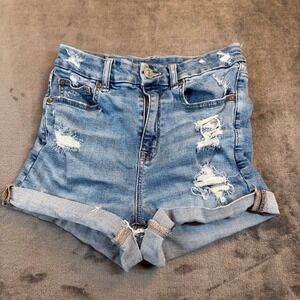 American Eagle Curvy Hi-Rise Shortie Denim Shorts Womens Size 2 Blue Distressed